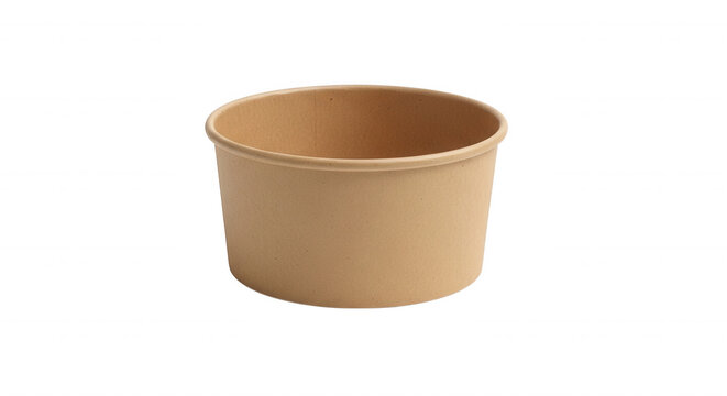 Empty round paper bowl made of brown kraft for food packaging, isolated on a solid black background