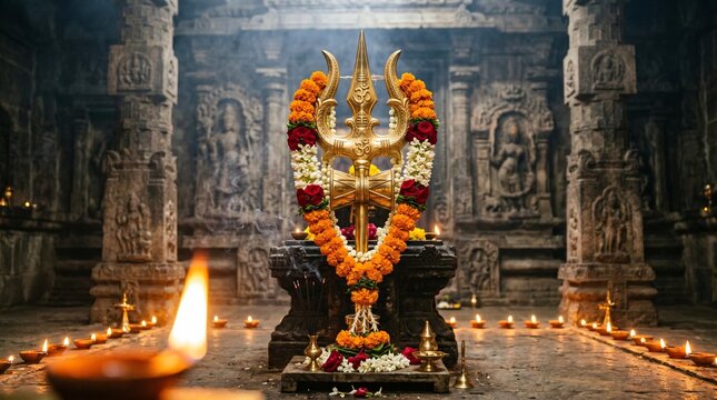 Skanda Sashti background with spear (Vel) symbol and dramatic temple lighting for Hindu worship