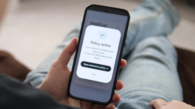 Get covered instantly. Professional shot of a smartphone showing a Policy Active confirmation. Perfect for InsurTech, digital banking, and paperless business promos. High-converting footage for modern