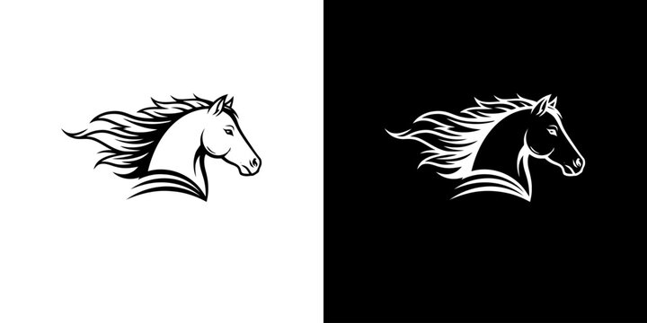 Elegant Horse Head Silhouette with Flowing Mane in Contrasting Styles.