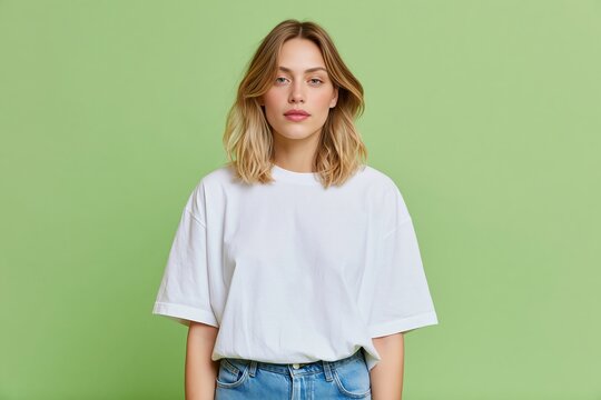 Beautiful blonde woman wearing a white t-shirt and blue jeans poses against a solid green background, showcasing a casual and modern fashion style