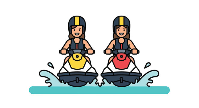 Two women riding jet skis together.