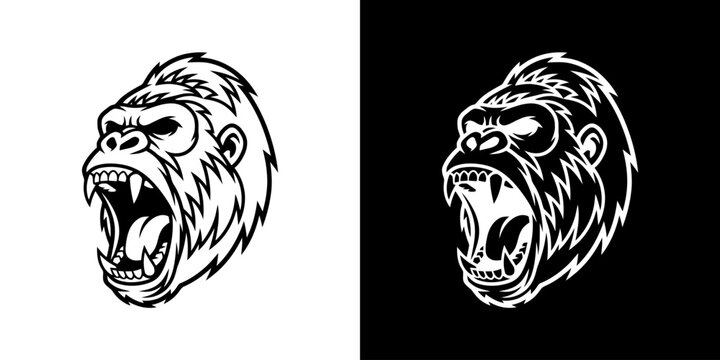 Fierce Gorilla Head Illustration in Black and White.