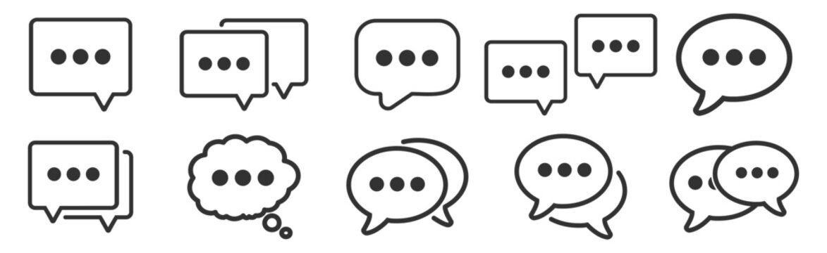 Set of speech bubbles with dots inside representing messages. Simple communication icons on transparent background.