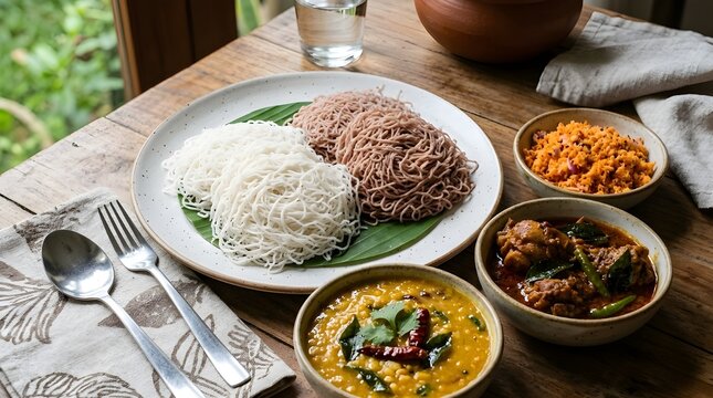 White and brown string hoppers served with lentil curry spicy chicken curry and coconut sambol
