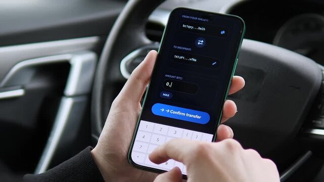 A person transfers 0.2 Bitcoin using a crypto wallet app while sitting in a car. High-quality sequence from entering the amount to transaction completion. Perfect for fintech, blockchain, and digital