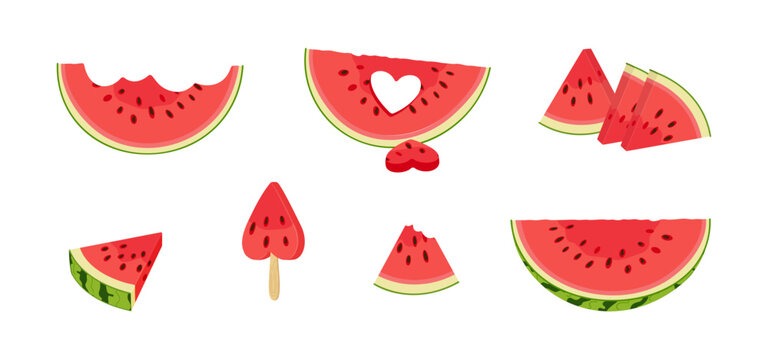 Big set of flat watermelon slices and icons. Includes heart shaped pieces, bitten slices, and popsicle styles. Perfect for summer stickers, menu designs, and vibrant patterns.
