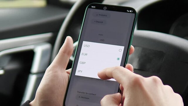Fast currency exchange on the go. User converts USD to GBP in a mobile banking app while sitting in a car. Professional UI showcasing seamless fintech integration. Perfect for travel, digital nomad