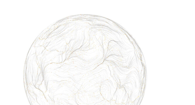 Abstract art of a sphere with intricate flowing lines and small dots, isolated on white,