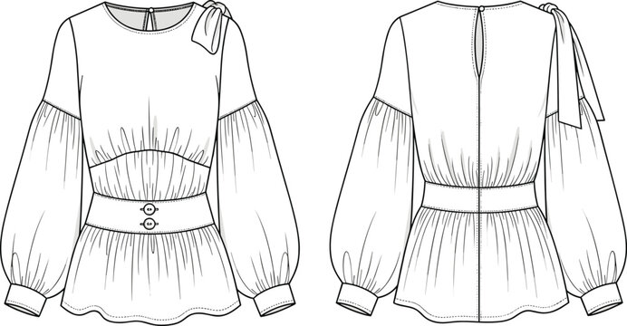 blouse sketch with bishop sleeves and peplum hem flat vector illustration of women s garment design high quality professional detailed modern elegant stylish