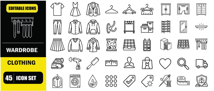 Wardrobe and Clothing Icon Set - Editable Stroke Vector Icons for Fashion Closet Organizer, Apparel Catalog System, Virtual Wardrobe App UI, Outfit Planning Dashboard, Clothing E-commerce Platform and