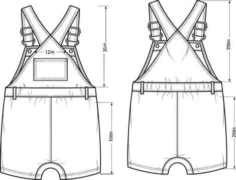 Baby romper technical sketch, front and back view, adjustable straps, flat vector, fashion template, infant clothing, sewing pattern, 12m size