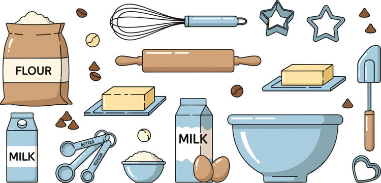 baking ingredients and kitchen tools flat vector illustration of flour milk butter eggs utensils cookie cutters high quality professional detailed modern elegant stylish