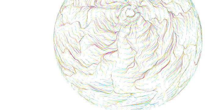 Artistic depiction of a sphere formed by colorful, flowing lines in a digital design. Evo