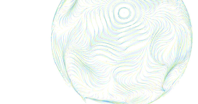 Abstract design with flowing colorful lines creating a swirling pattern on a white backgr