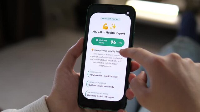 Mobile genetic report showing heart health, immune response, and optimization strategies like diet and cardio. Professional UI for DNA Sequencing services. Essential for healthcare innovation and