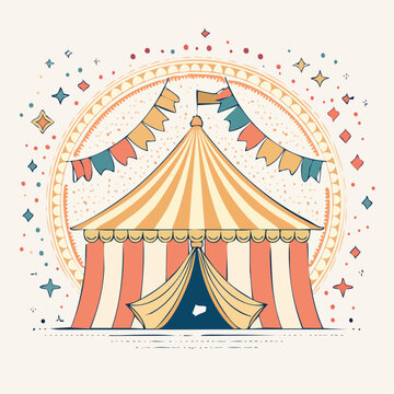 Vintage Circus Tent Illustration with Bunting and Confetti