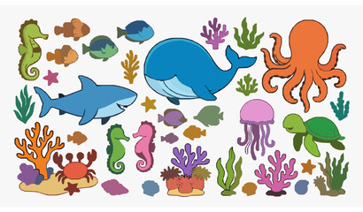 Cute marine life cartoon vector set underwater reef animals © abdul