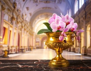 Fototapeta premium Elegant orchids in golden vase atop marble, opulent hall backdrop
