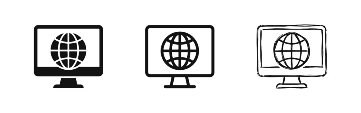 Global Network Icon Set with Computer Monitor and Globe in Solid, Outline, and Hand-Drawn Styles