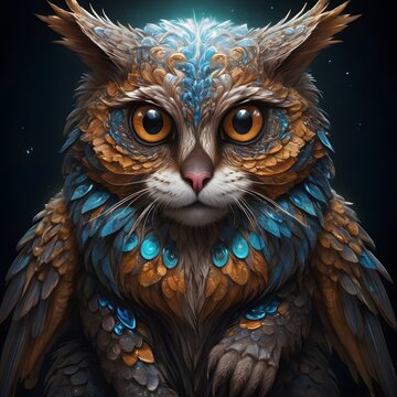 Mystical owl cat hybrid portrait illustration
