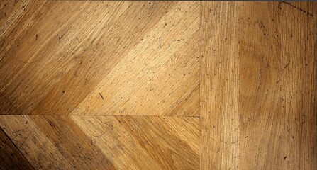 Fototapeta premium Top view of old wooden parquet floor with natural grain texture. A background image showing a vintage light brown wood surface with scratches and a geometric pattern.