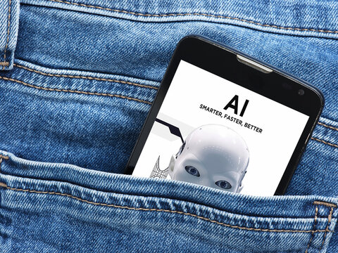 Artificial intelligence concept on smartphone in jeans pocket