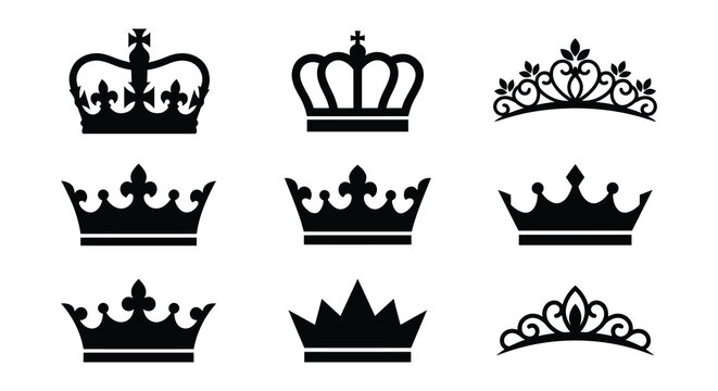 Collection of black crown silhouettes in various regal designs silhouette