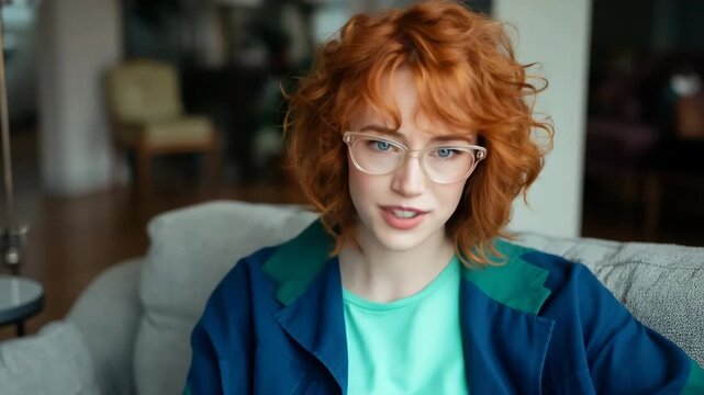 Red haired woman sitting and smiling on gray sofa indoors