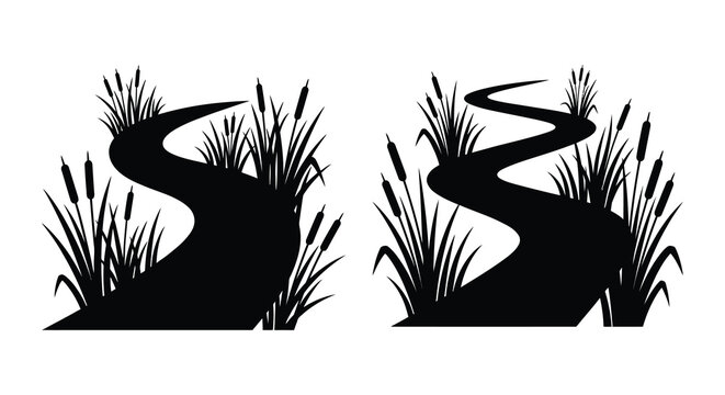 Winding stream with cattails and grasses black and white silhouette
