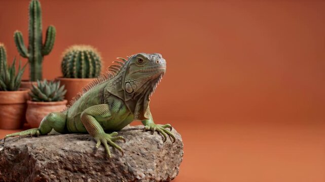 Iguana Green Lizard Idle Portrait Video on a Rock with Desert Plants and Warm Background