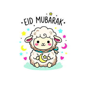 Cute Cartoon Sheep Eid Mubarak Greeting Illustration