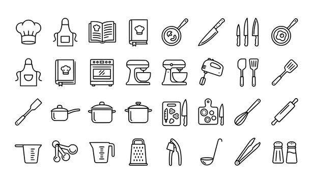 Culinary chef outline icon collection with kitchen utensil and appliance vector symbols