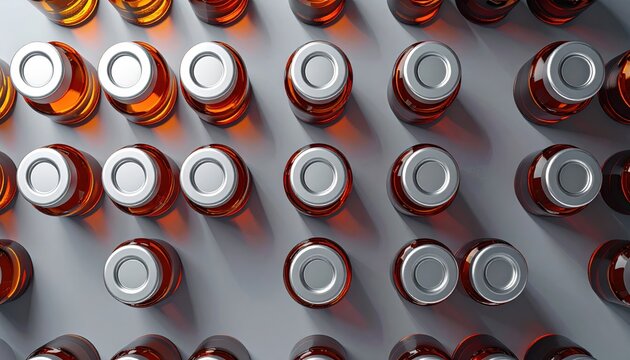 Top view of amber glass vials with silver crimp tops arranged in a systematic grid formation, cinematic wide banner composition suitable for medical, pharmaceutical, or research industry concepts.