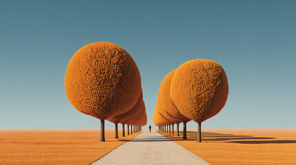 Stylized autumn orchard pathway with large orange trees and minimalist geometric composition, artistic countryside landscape featuring warm tones and clean surreal atmosphere ideal for wallpaper, 