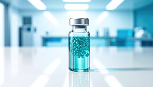 Transparent medical glass vial containing shimmering teal vaccine liquid, positioned on a clinical laboratory surface, ideal for pharmaceutical research, healthcare innovation, and medical science ima