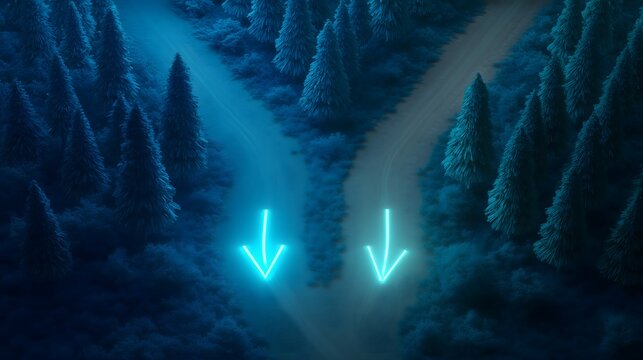 Conceptual background: Isometric night forest with two cyan neon arrows pointing along a splitting path