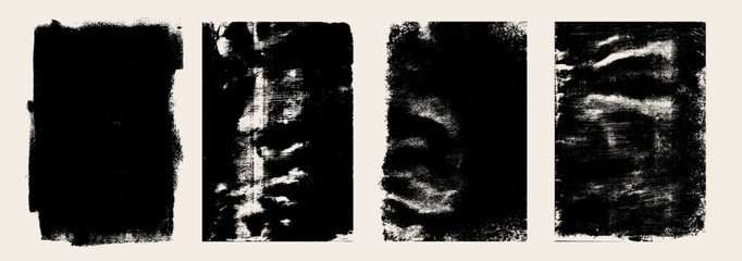 Naklejka na ściany i meble Linocut stamp texture set with rough printmaking grain and rolled ink effect. Black silhouette letterpress overlays, grunge distressed borders for vintage posters, prints, and retro design backgrounds