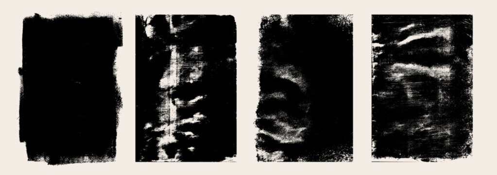Linocut stamp texture set with rough printmaking grain and rolled ink effect. Black silhouette letterpress overlays, grunge distressed borders for vintage posters, prints, and retro design backgrounds