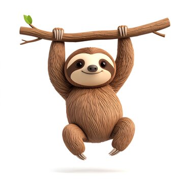 3D cartoon of a slow loris hanging from a tree branch.