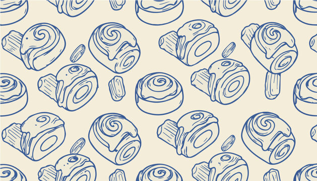 Seamless Cinnamon Roll Pattern Illustration Hand-Drawn Blue Pastry Background for Bakery Branding