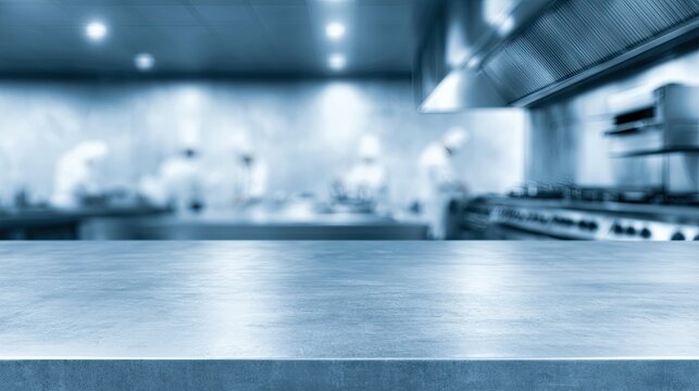 Blurred background of chefs in a bright, modern industrial kitchen