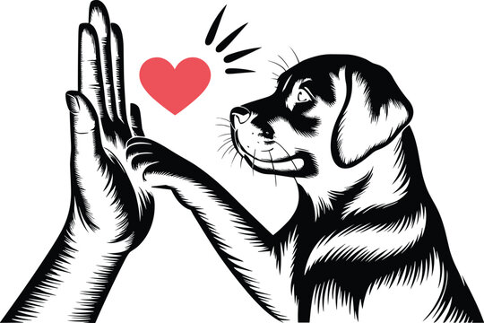 Dog giving high five to human hand with heart symbol, friendship and pet love concept illustration
