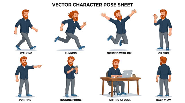 Professional vector character sheet of a red-haired man with a beard, showing various business and lifestyle poses.