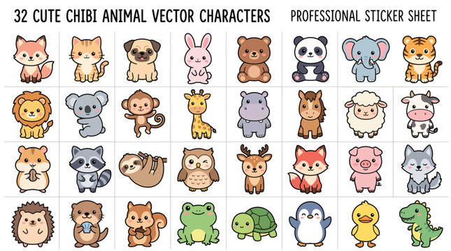 A large set of diverse animal characters designed in a cute chibi style with round shapes and clean outlines.