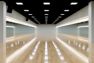 Fototapeta premium Wide, empty, modern dance studio with polished wood floor and mirrored walls