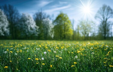 Fototapeta premium Sunny meadow with blooming trees and wildflowers under a bright blue sky