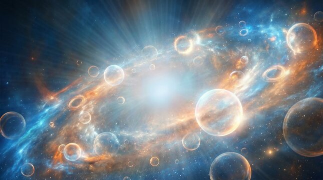 Luminous spiral galaxy with glowing celestial spheres and radiant cosmic dust in an ethereal deep space scene

