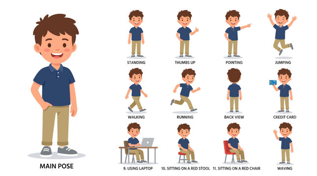 A comprehensive vector set of a young boy character featuring multiple poses including sitting, standing, running, and using a laptop.