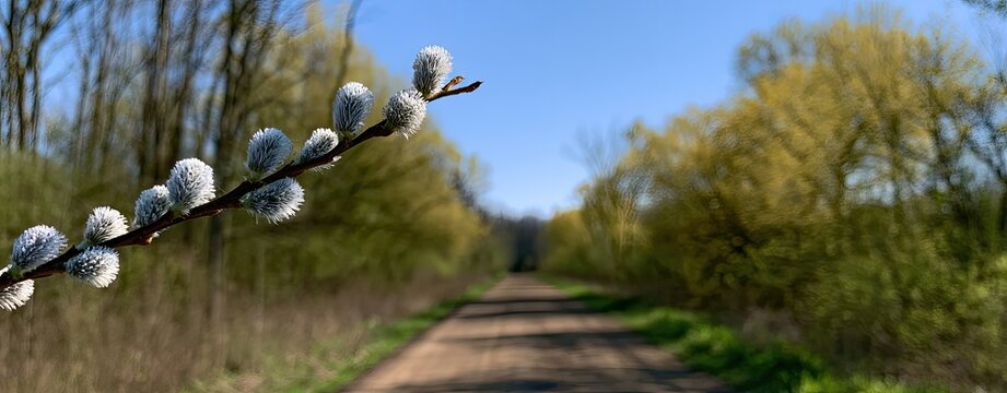 Fuzzy buds on a branch reach out over a sunlit path through green woods
